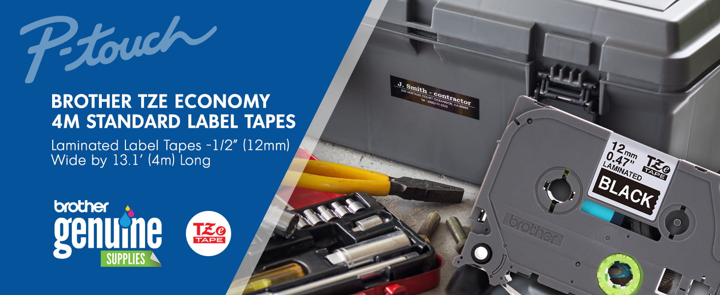 Brother P-touch TZe Economy Standard Label Tapes: Laminated Label Tapes ~1/2” (12mm) Wide by 12.1’ (4m) Long