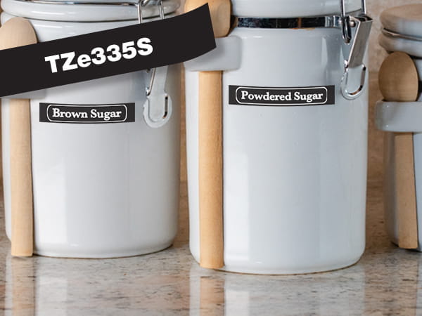 Brother P-touch TZe laminated label tapes on storage jars