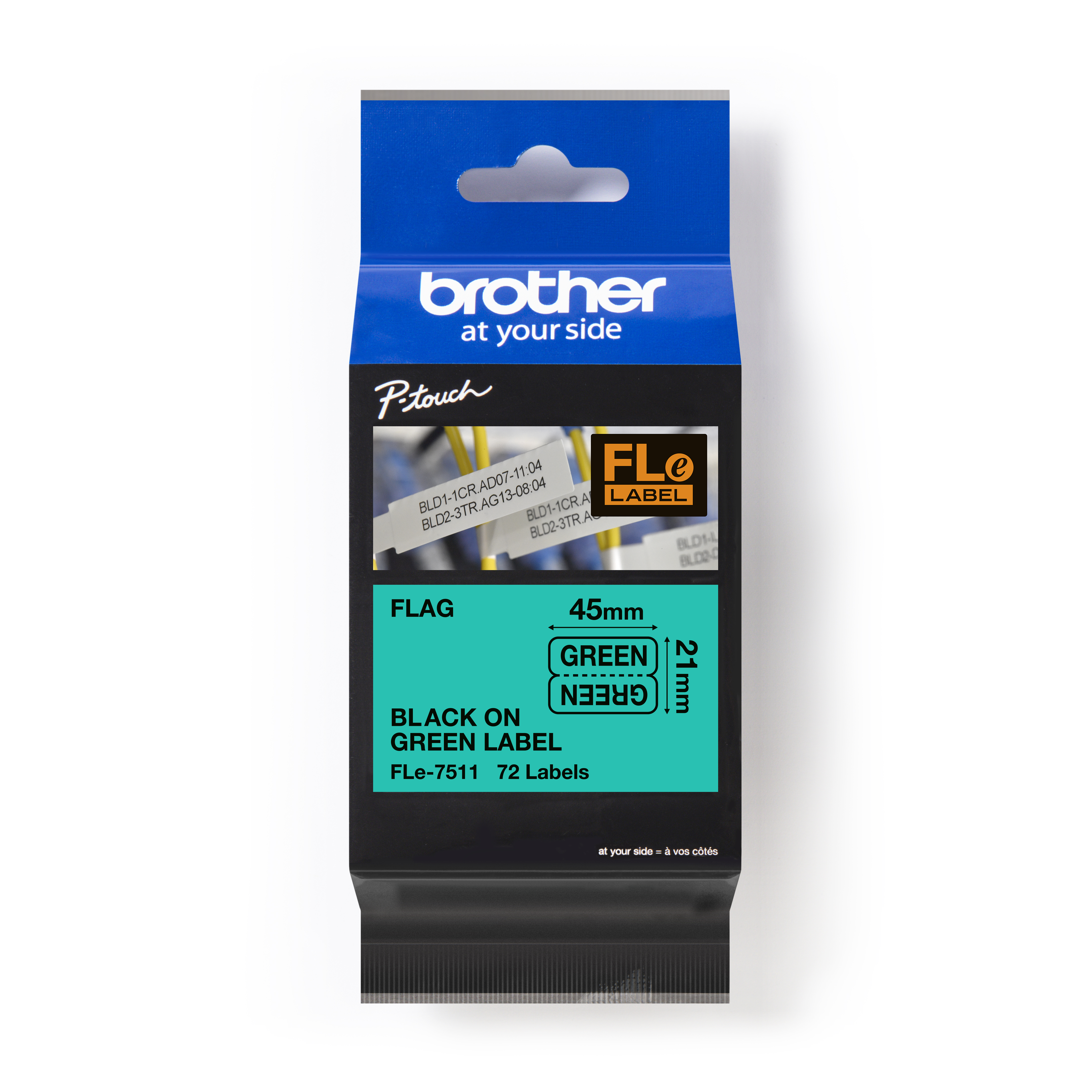 

Brother 21MM (0.82") x 45MM (1.7") Printed, 10.5MM (0.41") x 45MM (1.7") Folded/Applied, Black Ink on Polyester Green Flag Label