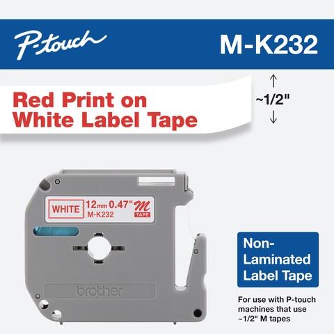 

Brother P-Touch 12mm (0.47") Red on White Non-Laminated tape 8m (26.2 ft)