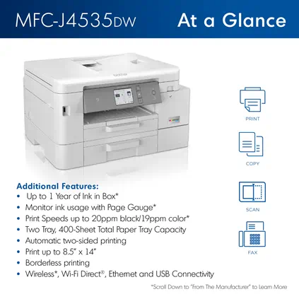 Brother MFC-J4535DW INKvestment Tank All-in-One Color Inkjet Printer with  NFC, Duplex and Wireless Printing plus Up to 1-Year of Ink in-box‡