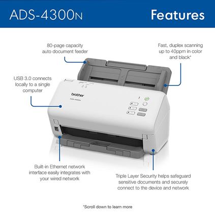 Brother ADS-4300N Scanner ADF 600 x 600 DPI A4 Noir, Blanc