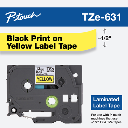 Cassette à ruban pour étiqueteuse Brother, 12mm x 8m, P-Touch TZE-631,  jaune / police noir