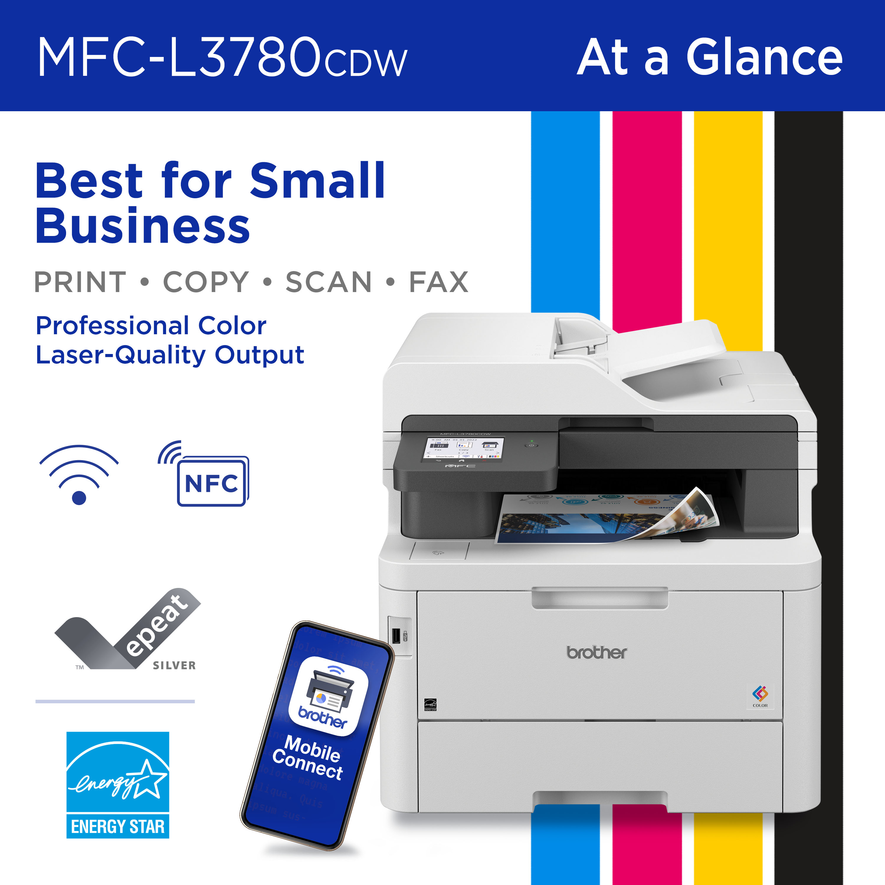 Digital Color All-in-One Printer with Laser Quality, Copy, Scan, and Fax,  Single Pass Duplex Copy and Scan, Duplex and Mobile Printing, Gigabit 