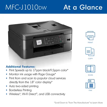  Brother MFC-J1010DW Impresora inalámbrica de inyección de tinta  a color todo en uno con dispositivo móvil e impresión dúplex, suscripción  de actualización y lista para reabastecimiento de  Dash : Productos