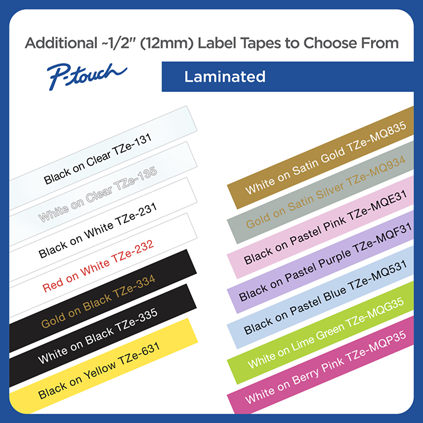 Black Print on White Laminated Label Tape for P-touch Label Maker, 12mm  (0.47”) wide x 8m (26.2’) long 10 pack