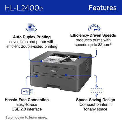 Brother HLL2400DWE Ecopro Ready Printer,30ppm,64MB,Automatic Duplex  Printing,LCD Display,Wireless,250 Sheet Paper Drawer,Single Sheet Feed :  : Electronics