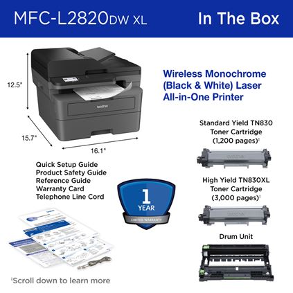 Brother MFC-L2827DWXL, Impresora multifunción láser Monocromo de alta  capacidad, Ethernet, Wi-Fi, A4 (410 x 399 x 319mm) - Impresoras Multifunción  Láser Monocromo Kalamazoo