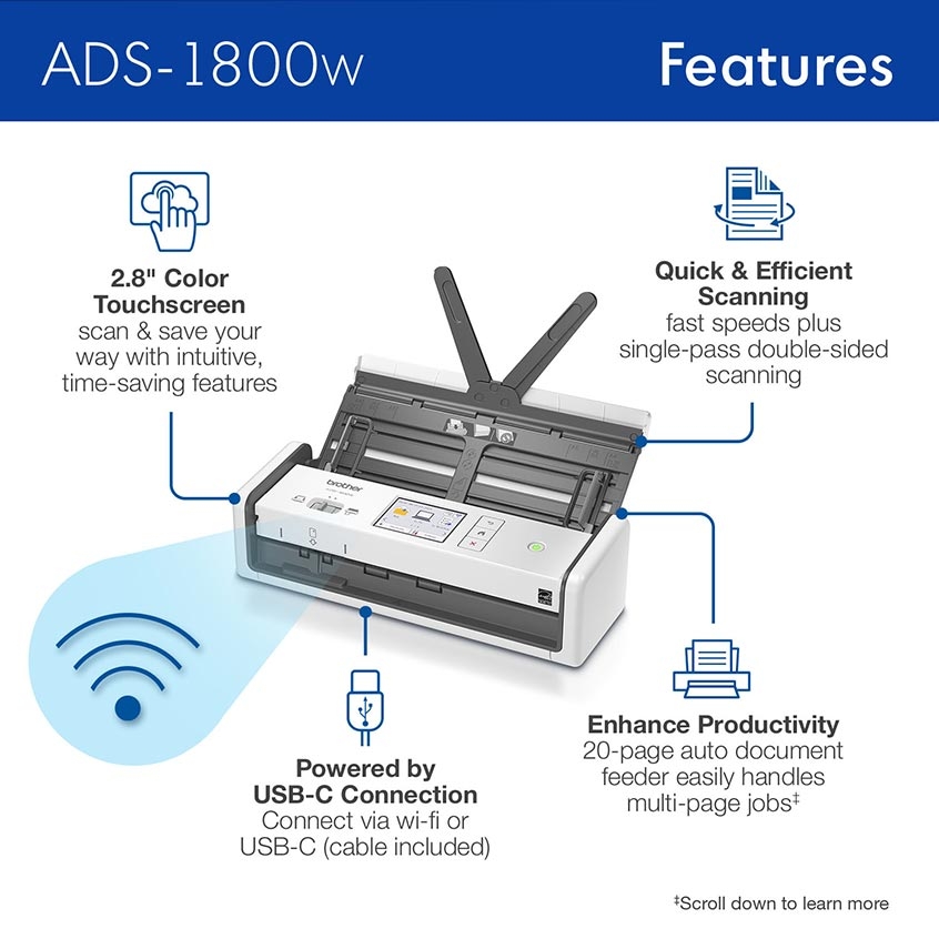 Brother Wireless Document Scanner, ADS-1700W, outlets Fast Scan Speeds, Easy-to-Use, Ide