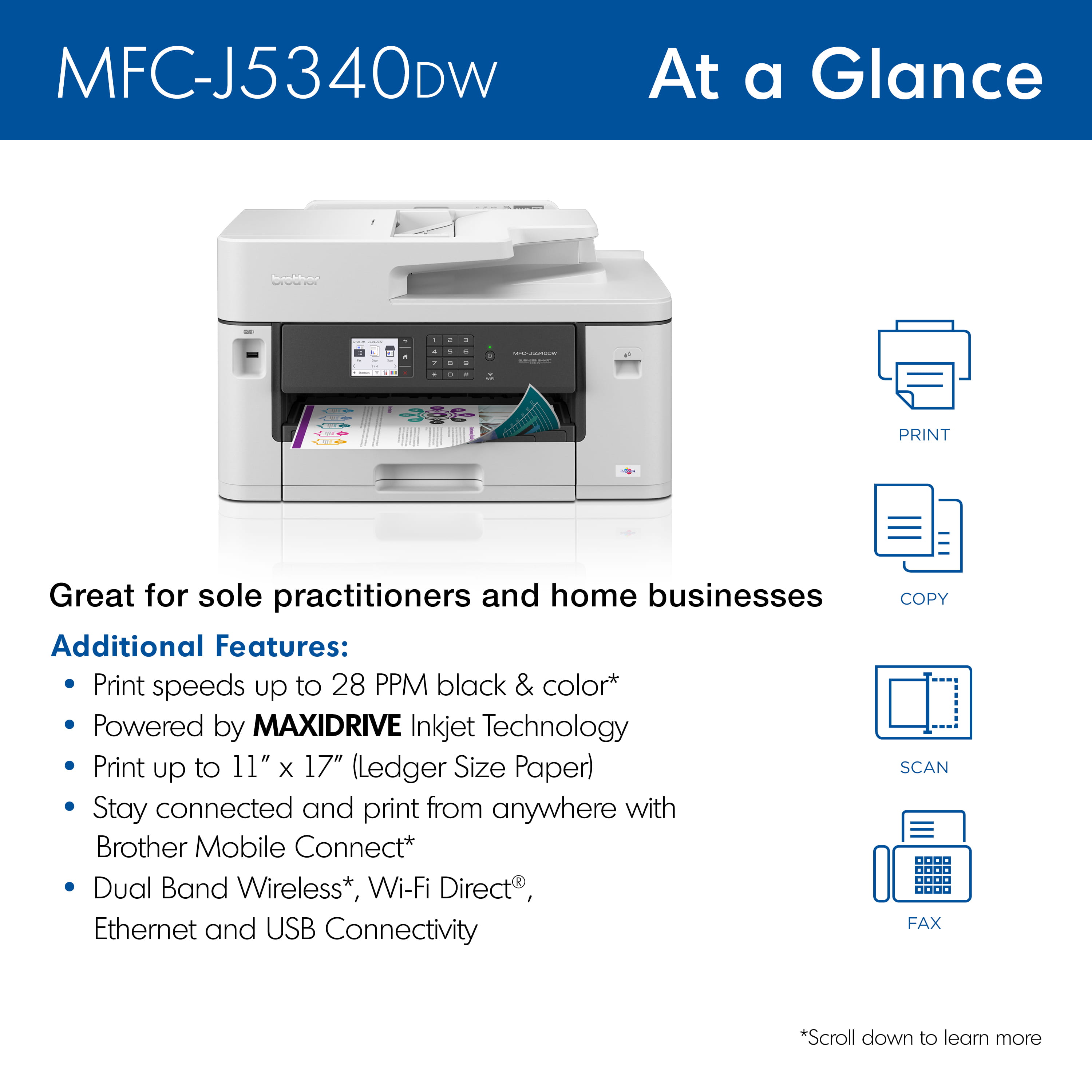Brother MFC-J5340DW Business Color Inkjet All-in-One Printer with printing  up to 11”x17